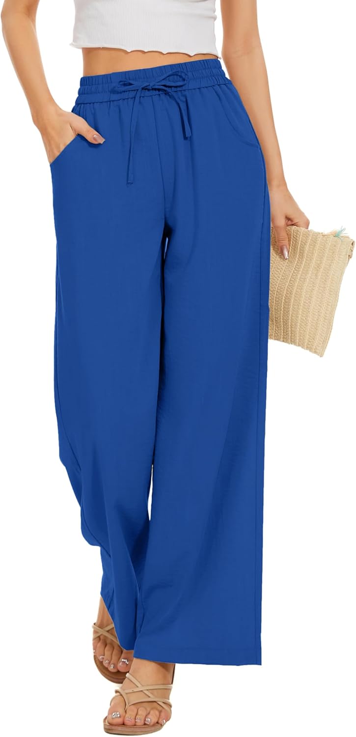 Women Flowy Pants Drawstring Waist Wide Leg Palazzo Beach Pants Loose Fit with Pockets