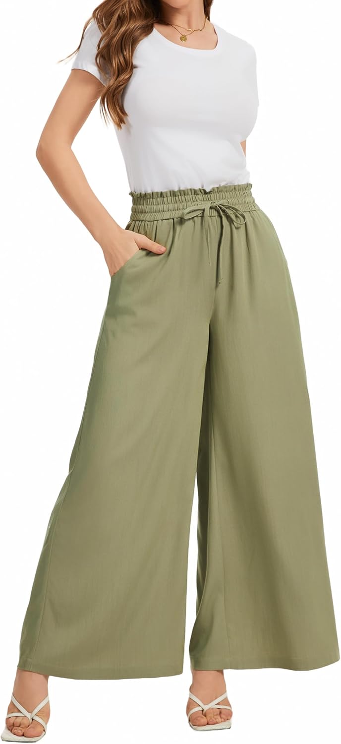 Women Flowy Pants Drawstring Waist Wide Leg Palazzo Beach Pants Loose Fit with Pockets