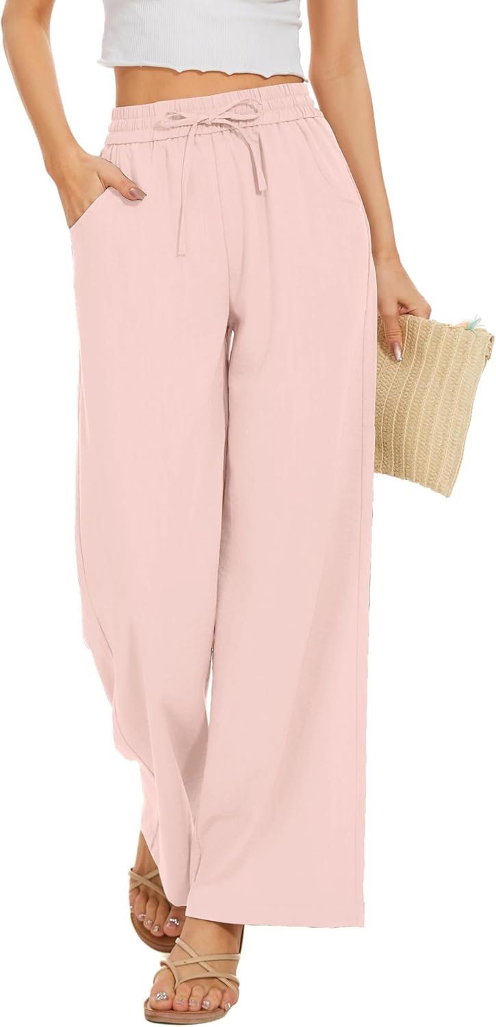 Women Flowy Pants Drawstring Waist Wide Leg Palazzo Beach Pants Loose Fit with Pockets