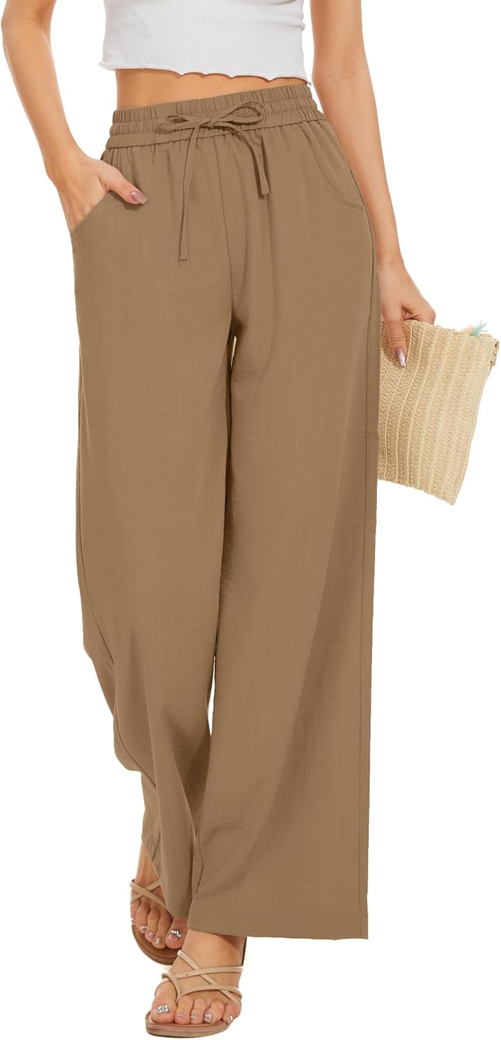 Women Flowy Pants Drawstring Waist Wide Leg Palazzo Beach Pants Loose Fit with Pockets