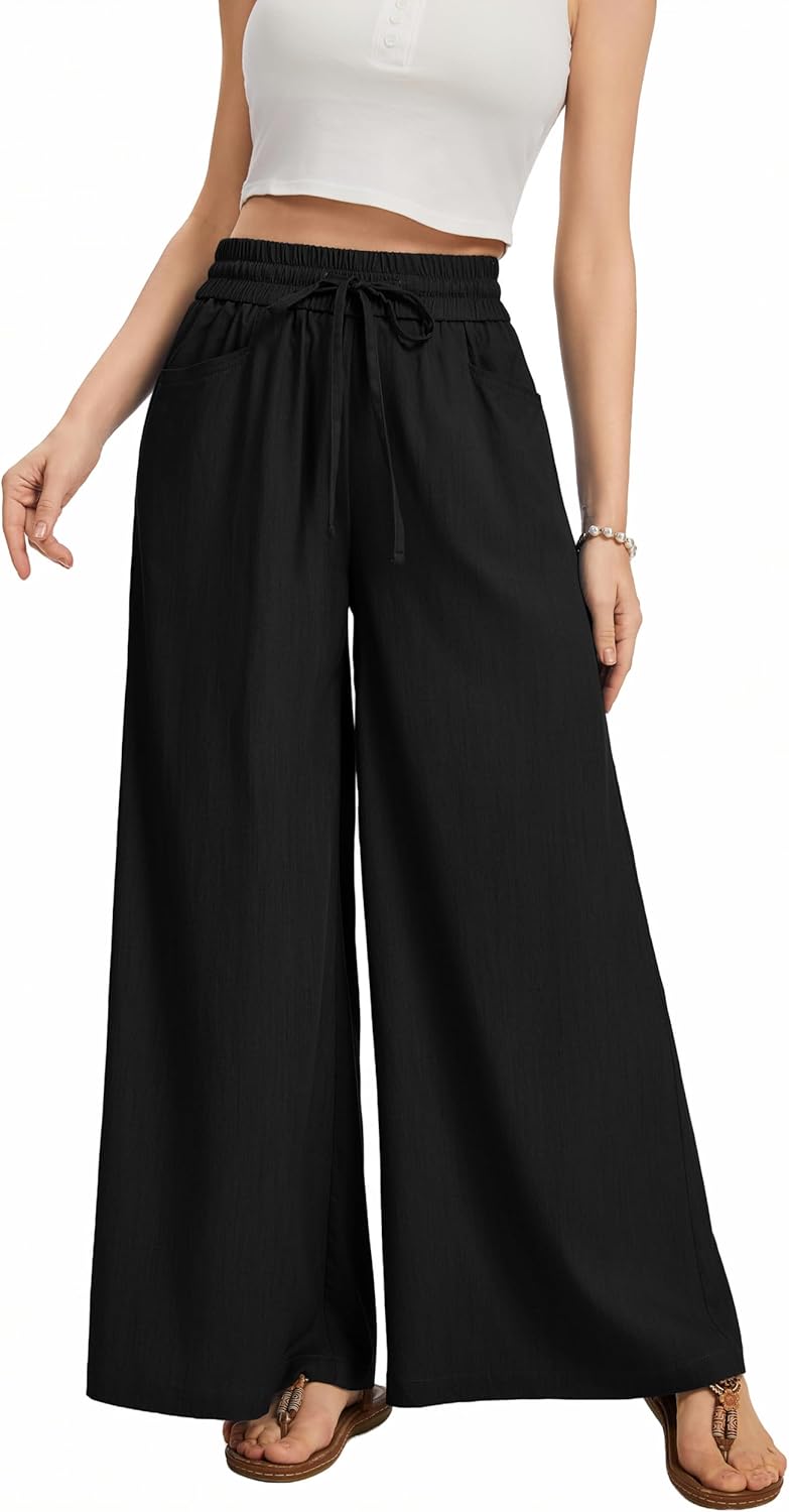 Women Flowy Pants Drawstring Waist Wide Leg Palazzo Beach Pants Loose Fit with Pockets