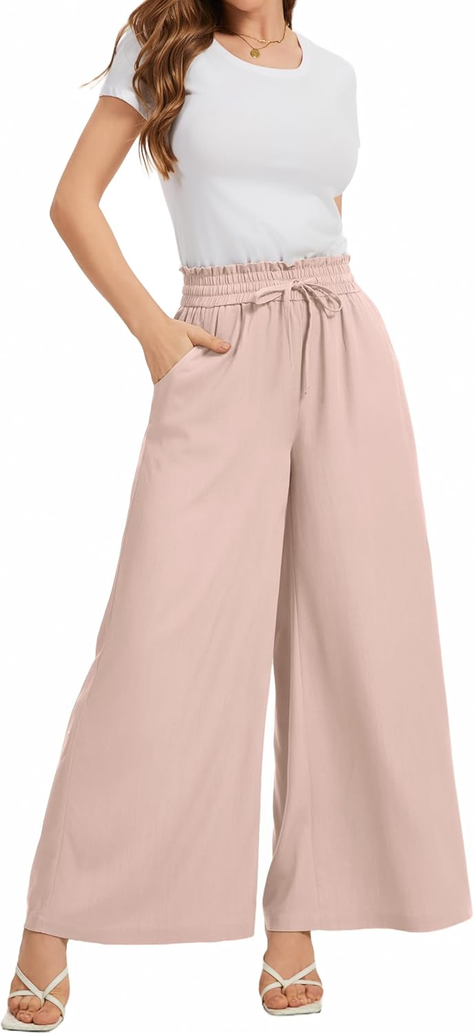 Women Flowy Pants Drawstring Waist Wide Leg Palazzo Beach Pants Loose Fit with Pockets