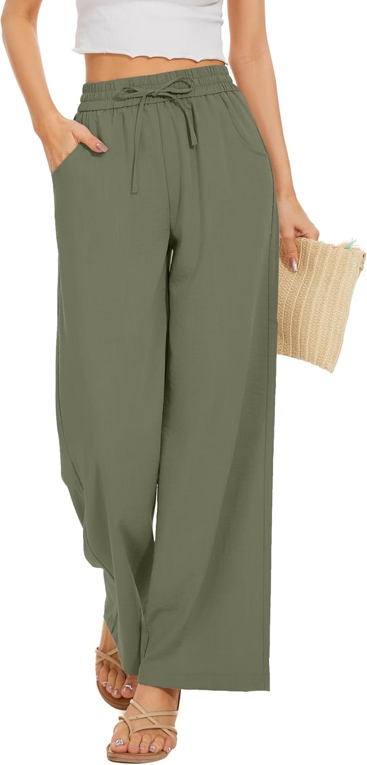 Women Flowy Pants Drawstring Waist Wide Leg Palazzo Beach Pants Loose Fit with Pockets