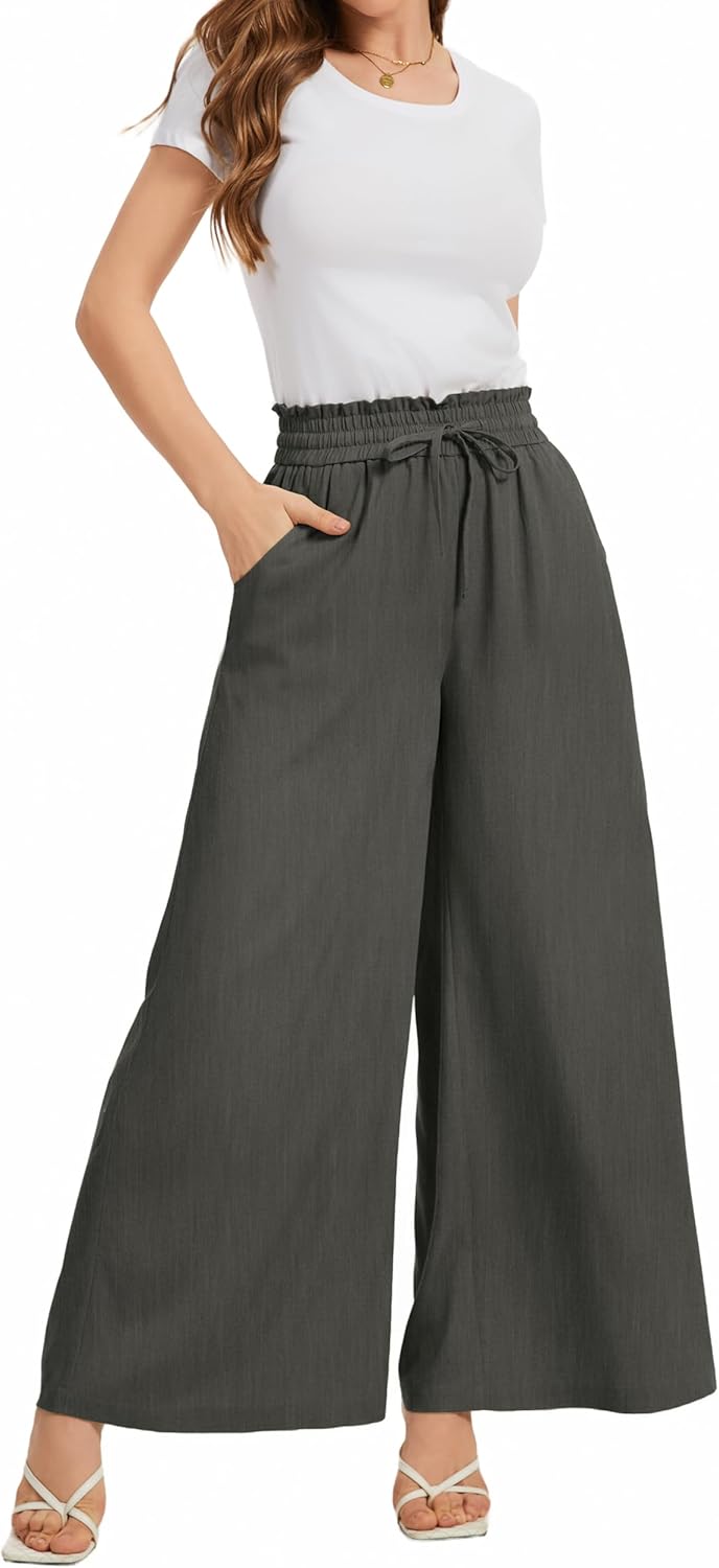 Women Flowy Pants Drawstring Waist Wide Leg Palazzo Beach Pants Loose Fit with Pockets