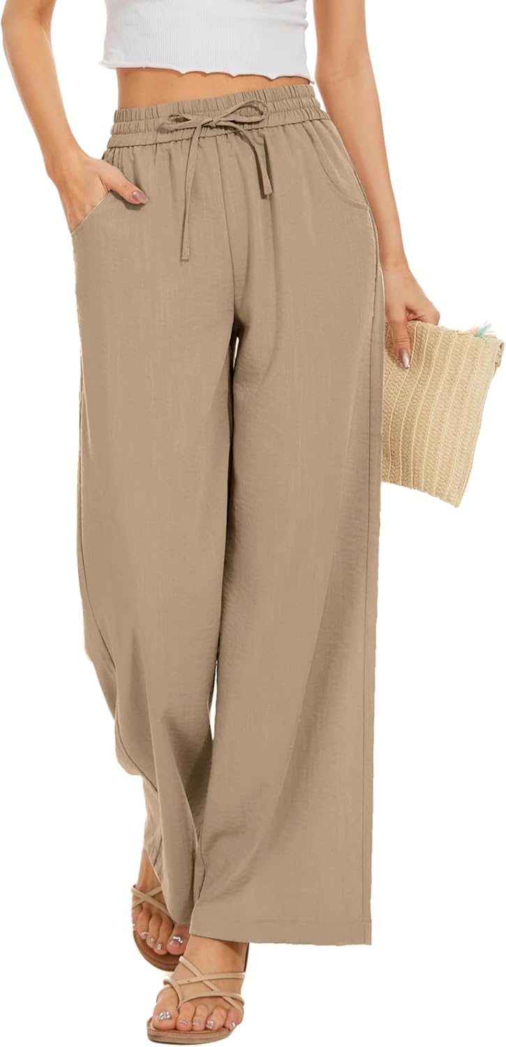 Women Flowy Pants Drawstring Waist Wide Leg Palazzo Beach Pants Loose Fit with Pockets