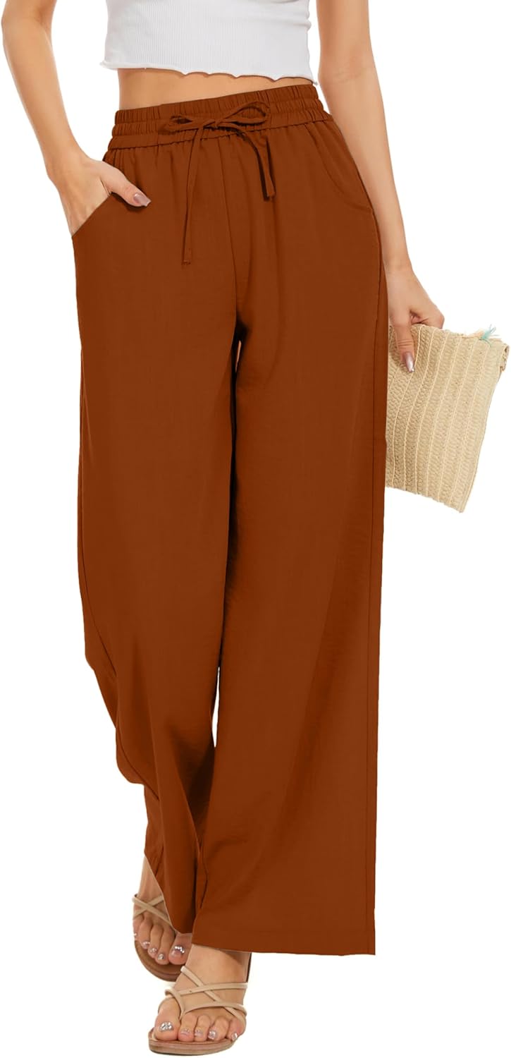 Women Flowy Pants Drawstring Waist Wide Leg Palazzo Beach Pants Loose Fit with Pockets