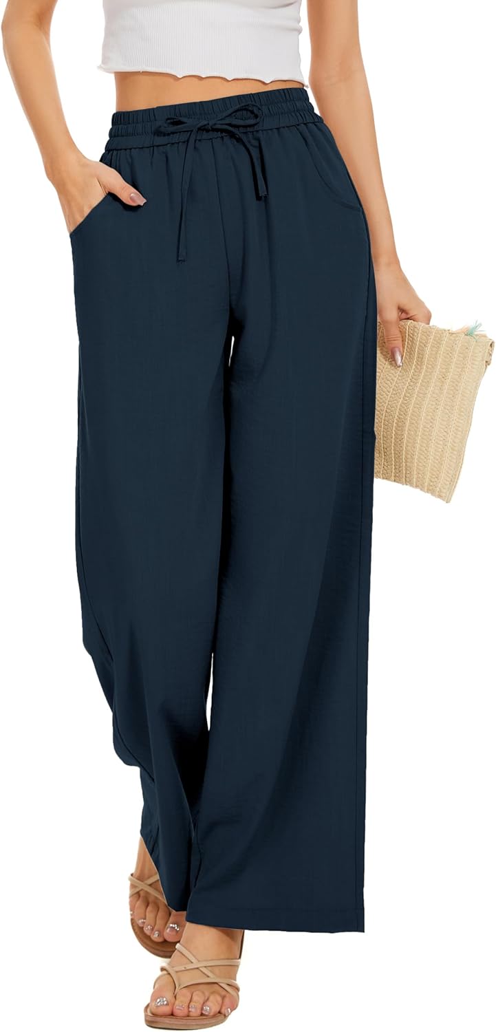 Women Flowy Pants Drawstring Waist Wide Leg Palazzo Beach Pants Loose Fit with Pockets