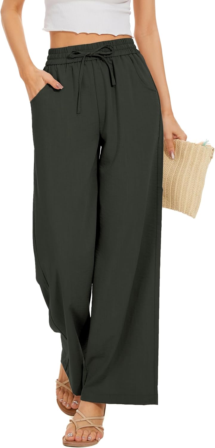 Women Flowy Pants Drawstring Waist Wide Leg Palazzo Beach Pants Loose Fit with Pockets