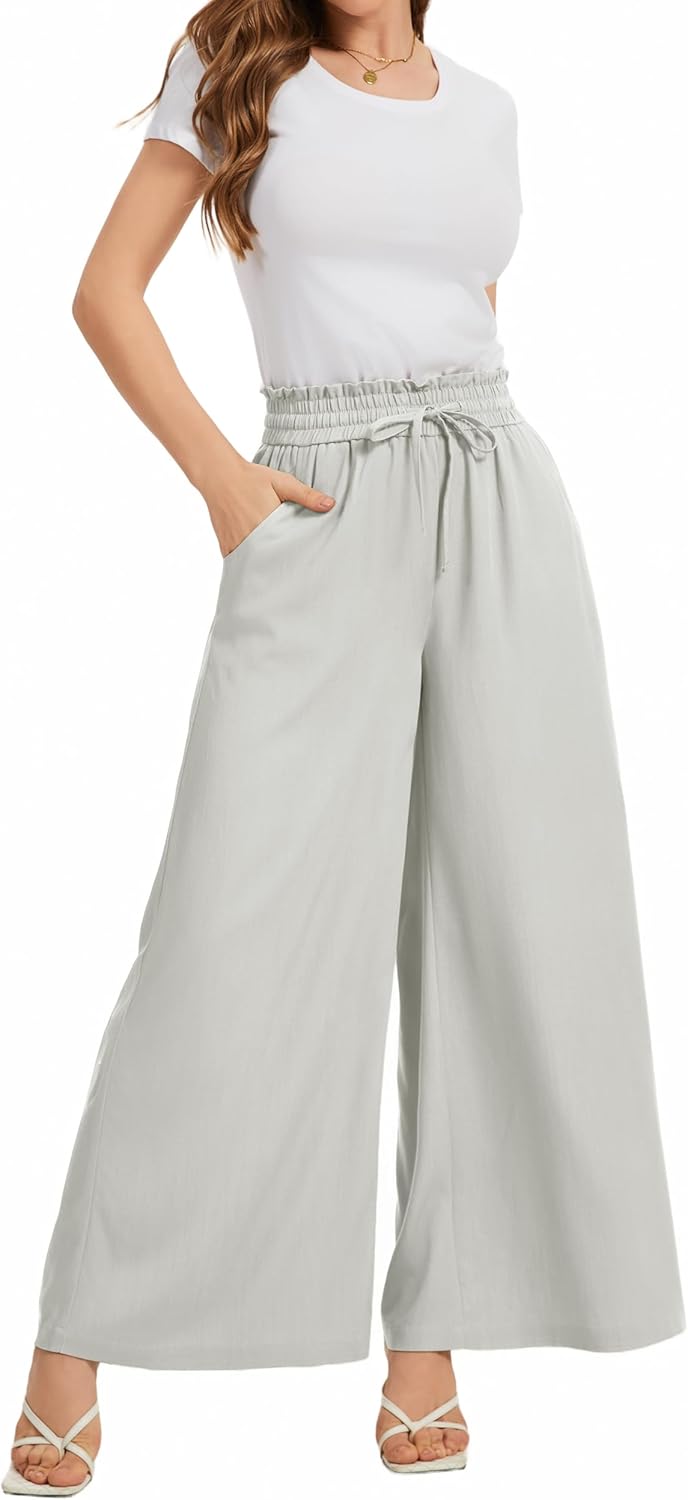 Women Flowy Pants Drawstring Waist Wide Leg Palazzo Beach Pants Loose Fit with Pockets