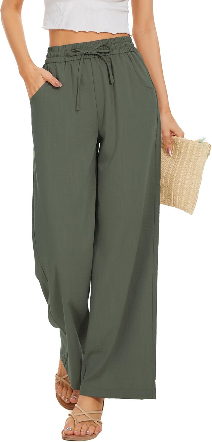 Women Flowy Pants Drawstring Waist Wide Leg Palazzo Beach Pants Loose Fit with Pockets