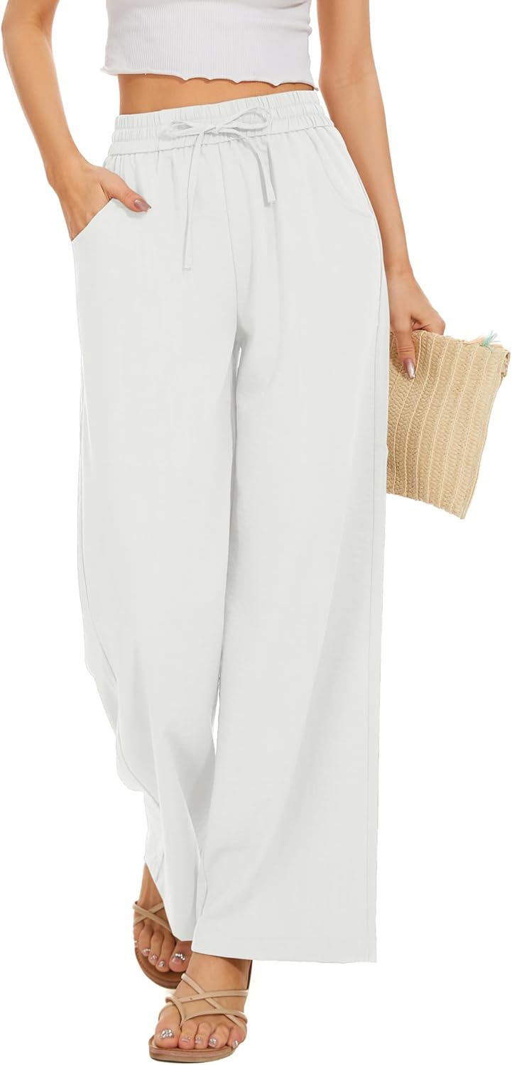 Women Flowy Pants Drawstring Waist Wide Leg Palazzo Beach Pants Loose Fit with Pockets