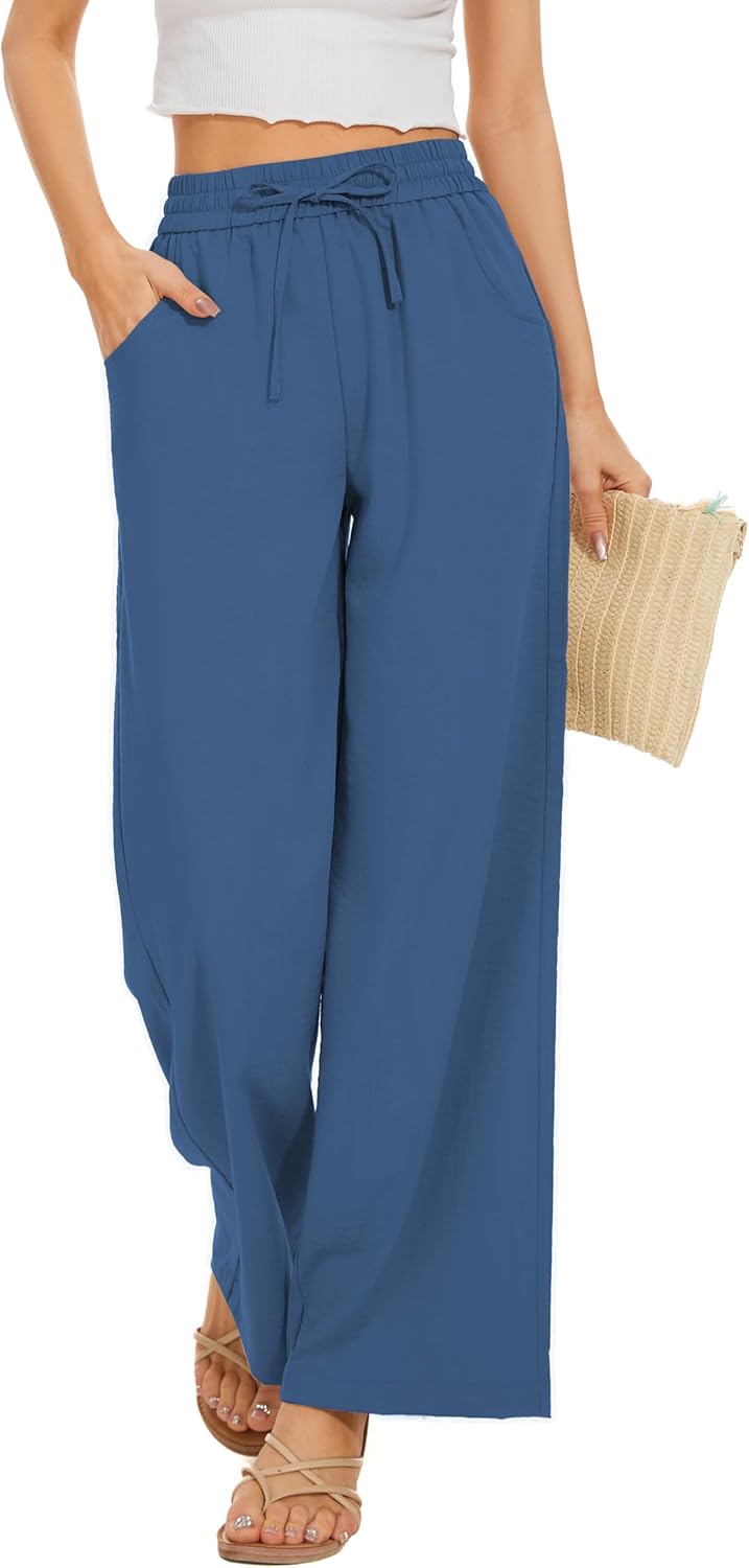 Women Flowy Pants Drawstring Waist Wide Leg Palazzo Beach Pants Loose Fit with Pockets