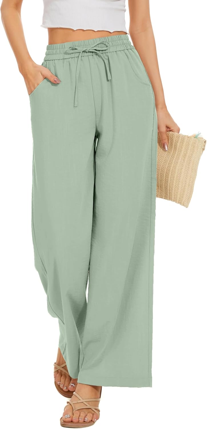 Women Flowy Pants Drawstring Waist Wide Leg Palazzo Beach Pants Loose Fit with Pockets