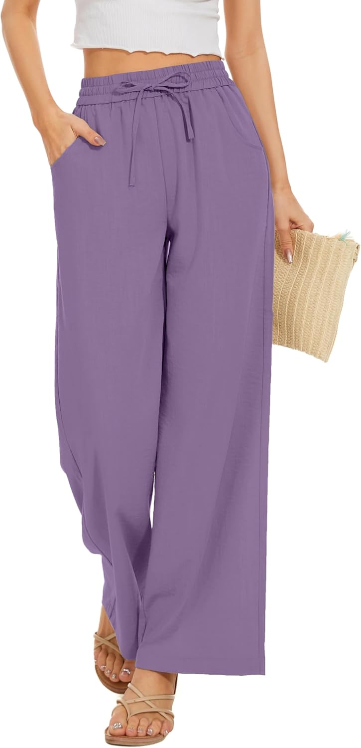 Women Flowy Pants Drawstring Waist Wide Leg Palazzo Beach Pants Loose Fit with Pockets