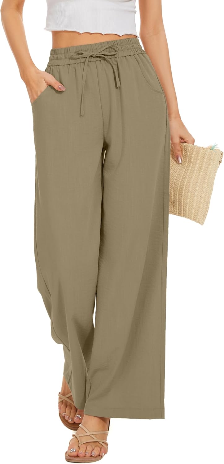 Women Flowy Pants Drawstring Waist Wide Leg Palazzo Beach Pants Loose Fit with Pockets