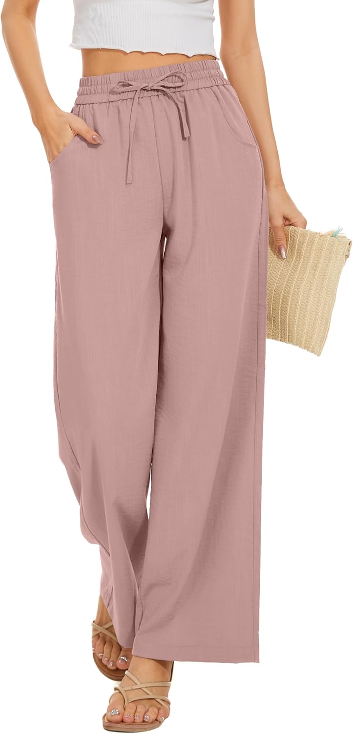 Women Flowy Pants Drawstring Waist Wide Leg Palazzo Beach Pants Loose Fit with Pockets