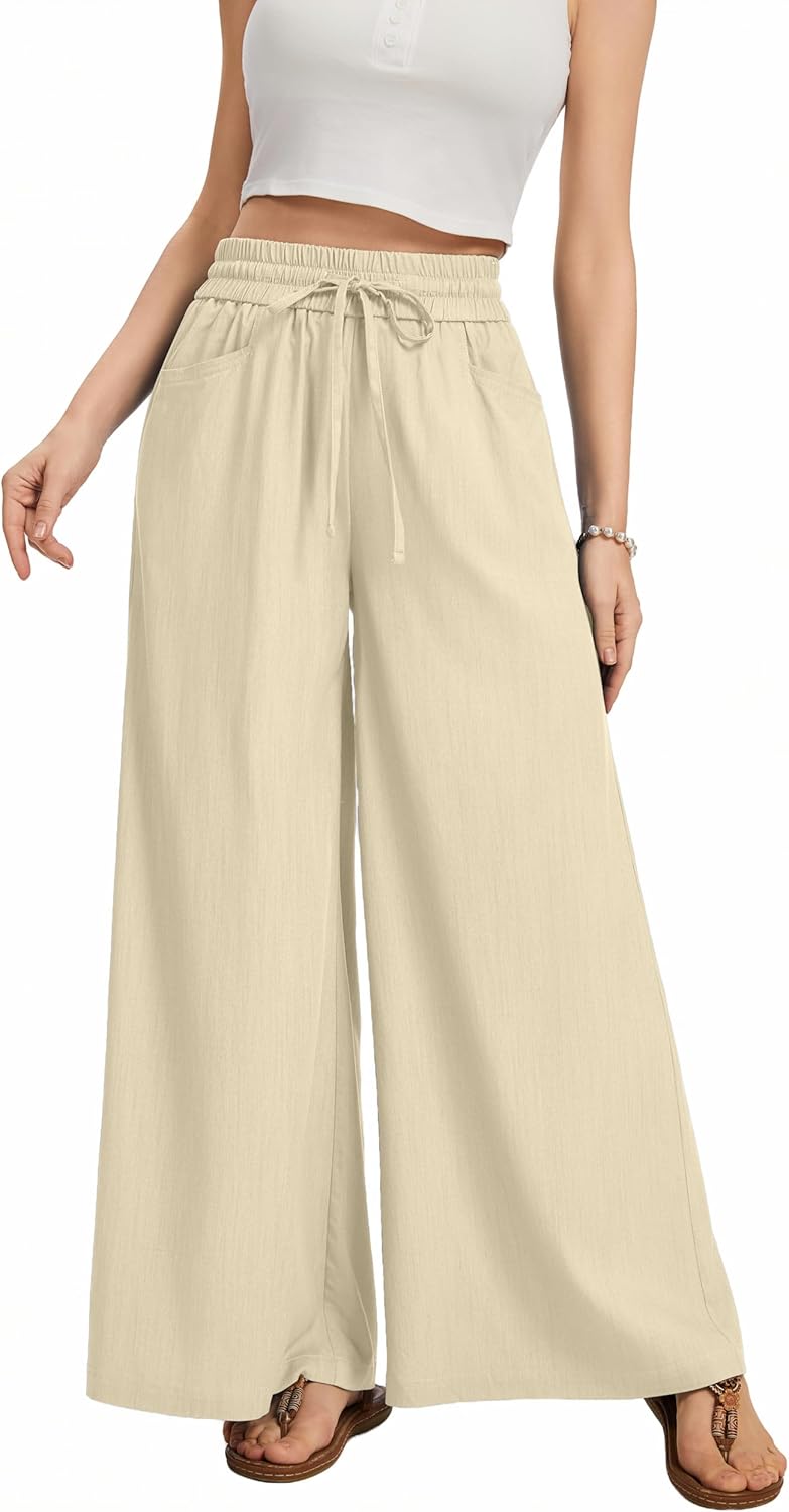 Women Flowy Pants Drawstring Waist Wide Leg Palazzo Beach Pants Loose Fit with Pockets
