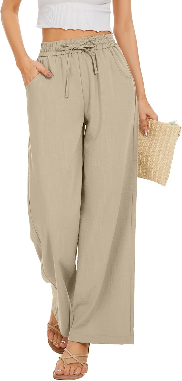 Women Flowy Pants Drawstring Waist Wide Leg Palazzo Beach Pants Loose Fit with Pockets