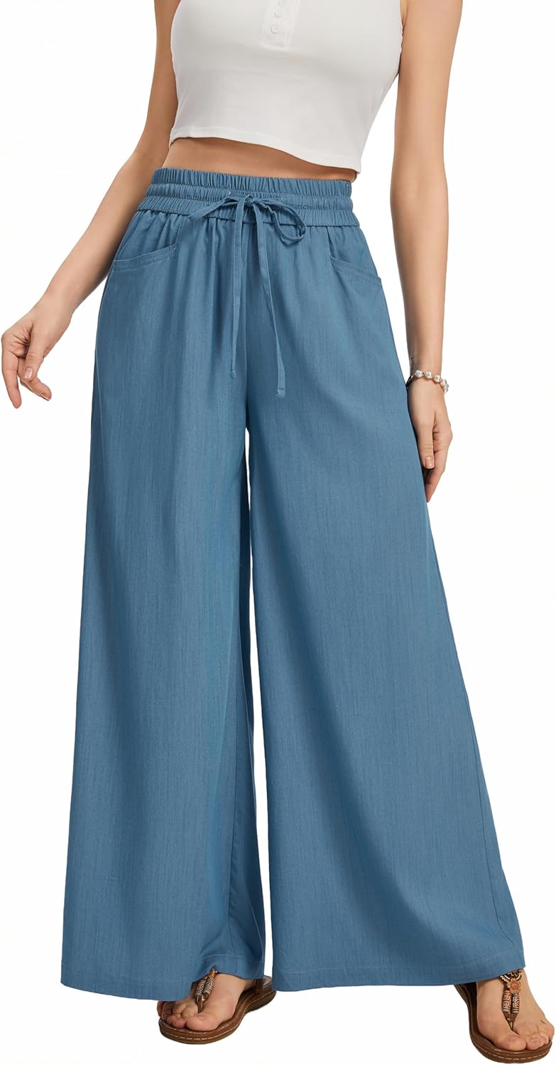 Women Flowy Pants Drawstring Waist Wide Leg Palazzo Beach Pants Loose Fit with Pockets