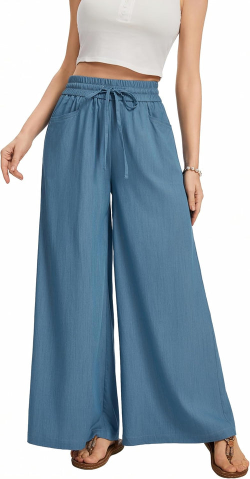 Women Flowy Pants Drawstring Waist Wide Leg Palazzo Beach Pants Loose Fit with Pockets