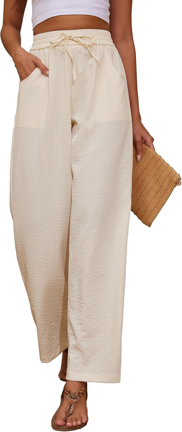 Women Flowy Pants Drawstring Waist Wide Leg Palazzo Beach Pants Loose Fit with Pockets