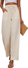 Women Flowy Pants Drawstring Waist Wide Leg Palazzo Beach Pants Loose Fit with Pockets