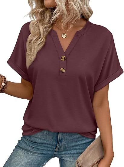 Womens Spring Tops 2026 Short Sleeve Shirts Henley Dressy Casual Blouses V Neck Fashion Tunics Trendy Flowy Clothing