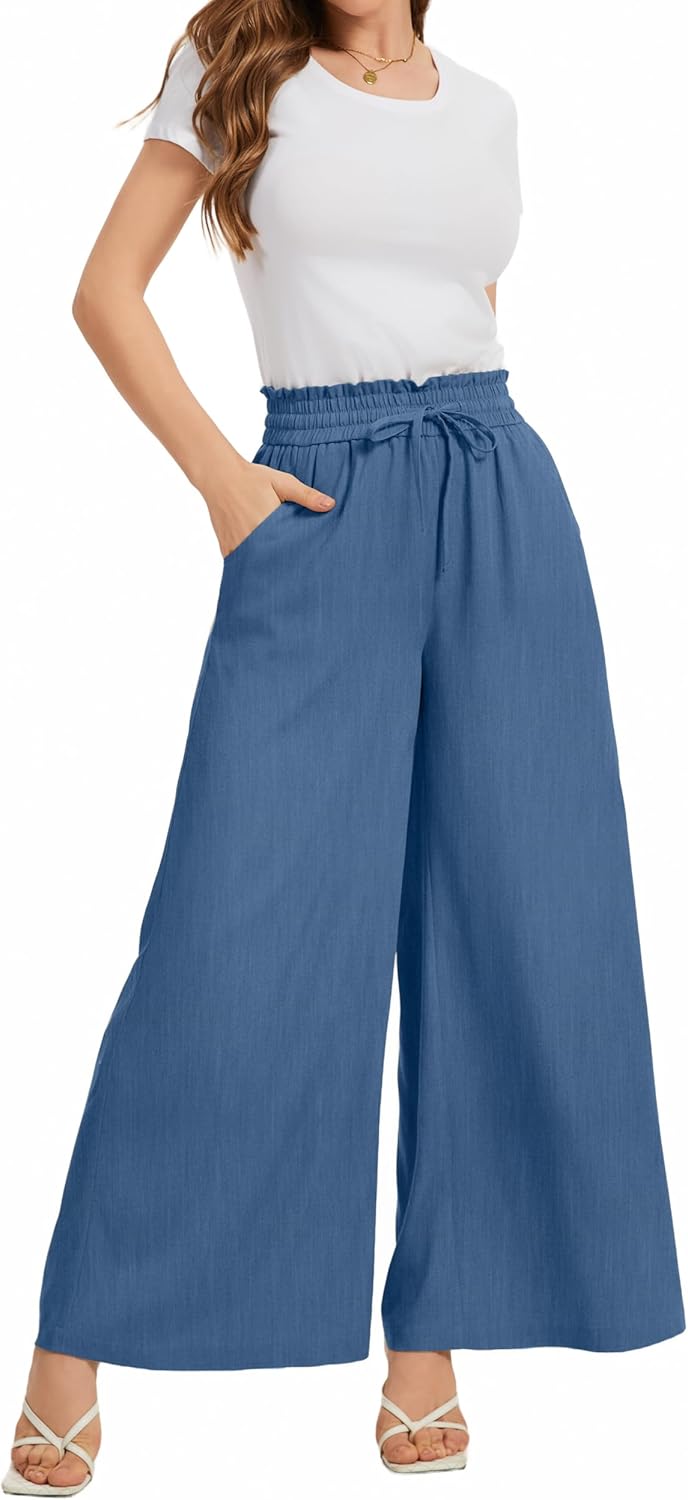 Women Flowy Pants Drawstring Waist Wide Leg Palazzo Beach Pants Loose Fit with Pockets