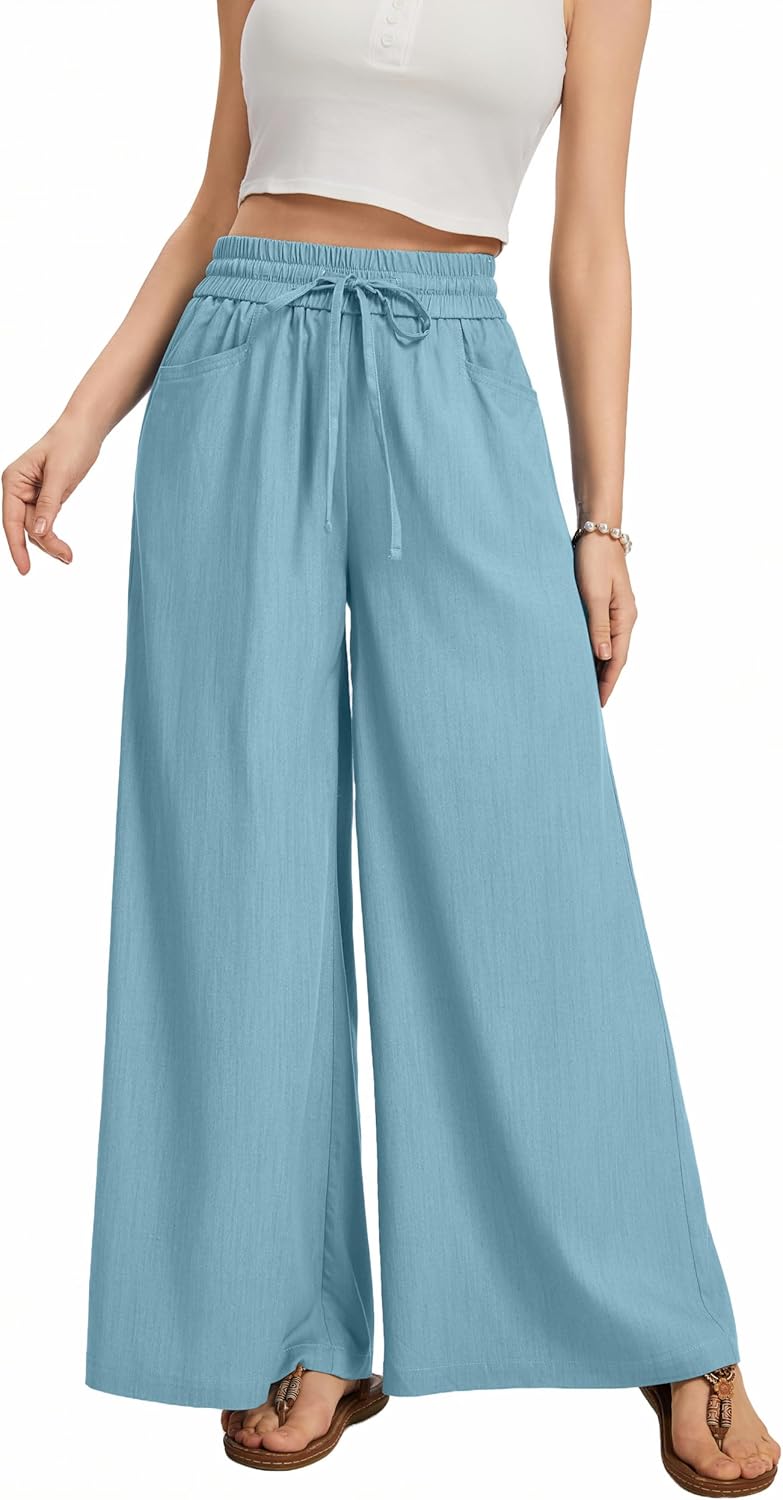 Women Flowy Pants Drawstring Waist Wide Leg Palazzo Beach Pants Loose Fit with Pockets