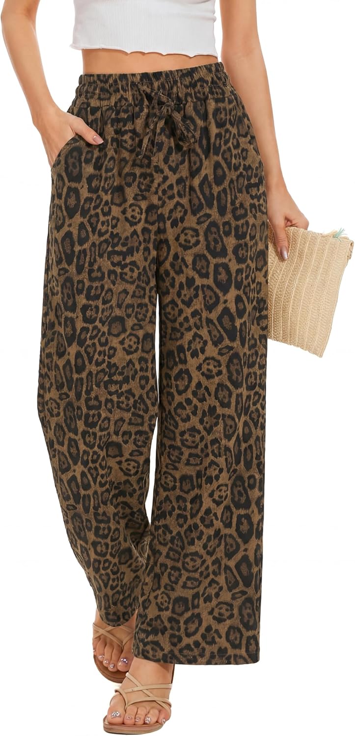 Women Flowy Pants Drawstring Waist Wide Leg Palazzo Beach Pants Loose Fit with Pockets