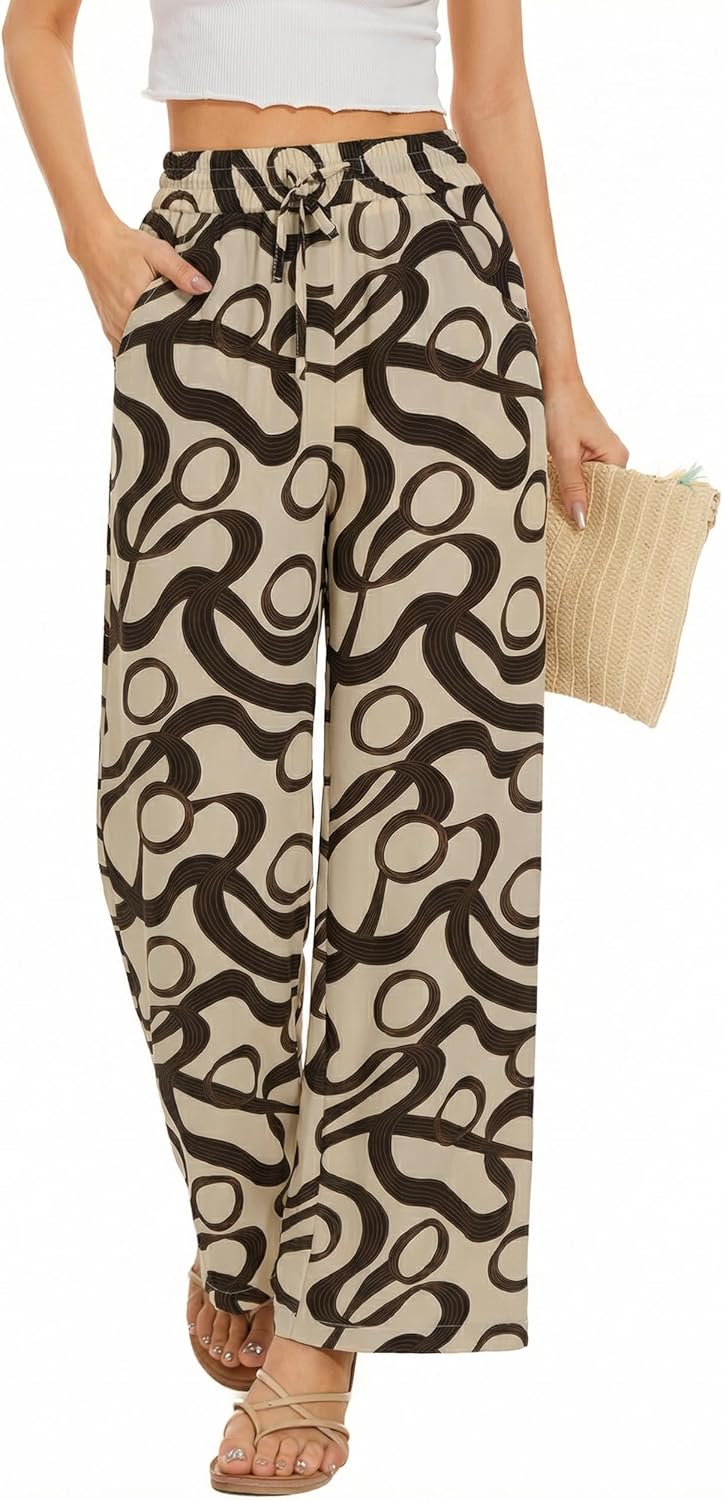 Women Flowy Pants Drawstring Waist Wide Leg Palazzo Beach Pants Loose Fit with Pockets