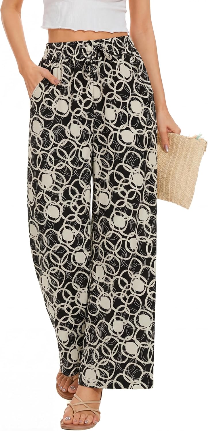 Women Flowy Pants Drawstring Waist Wide Leg Palazzo Beach Pants Loose Fit with Pockets