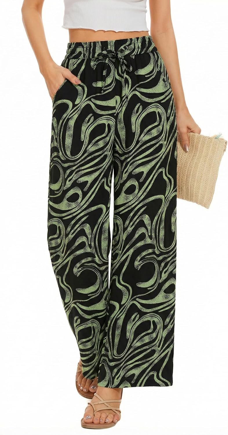 Women Flowy Pants Drawstring Waist Wide Leg Palazzo Beach Pants Loose Fit with Pockets